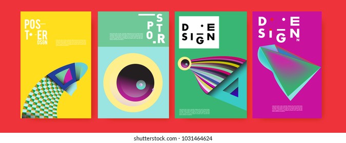 Abstract curvy and geometric colorful background for poster and cover design. Blue, yellow, red, orange, pink and green. Vector banner poster template in Eps10.