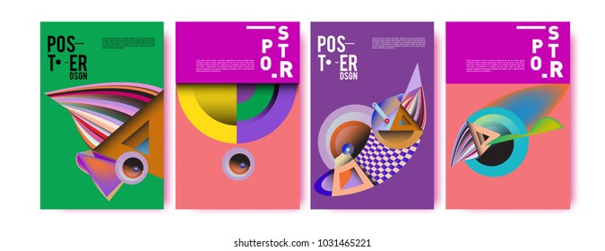 Abstract curvy and geometric colorful background for poster and cover design. Blue, yellow, red, orange, pink and green. Vector banner poster template in Eps10.