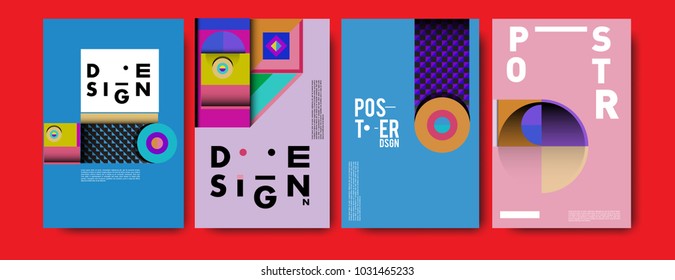 Abstract curvy and geometric colorful background for poster and cover design. Blue, yellow, red, orange, pink and green. Vector banner poster template in Eps10.