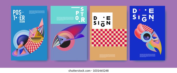Abstract curvy and geometric colorful background for poster and cover design. Blue, yellow, red, orange, pink and green. Vector banner poster template in Eps10.