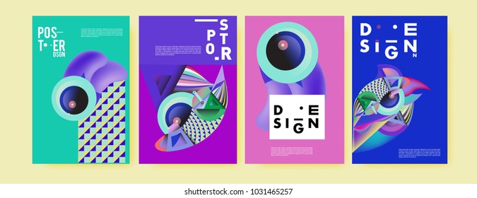 Abstract curvy and geometric colorful background for poster and cover design. Blue, yellow, red, orange, pink and green. Vector banner poster template in Eps10.