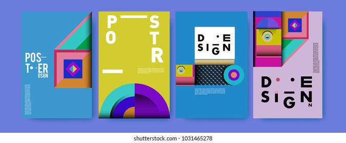 Abstract curvy and geometric colorful background for poster and cover design. Blue, yellow, red, orange, pink and green. Vector banner poster template in Eps10.