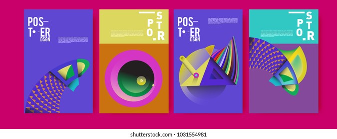 Abstract curvy and geometric colorful background for poster and cover design. Blue, yellow, red, orange, pink and green. Vector banner poster template in Eps10.