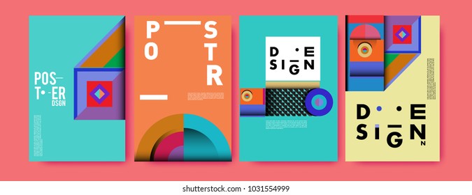 Abstract curvy and geometric colorful background for poster and cover design. Blue, yellow, red, orange, pink and green. Vector banner poster template in Eps10.