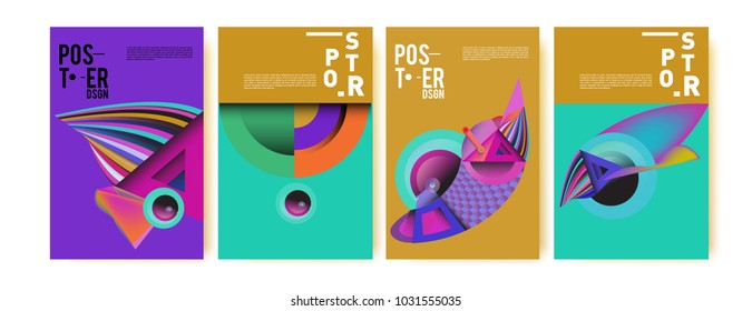 Abstract curvy and geometric colorful background for poster and cover design. Blue, yellow, red, orange, pink and green. Vector banner poster template in Eps10.