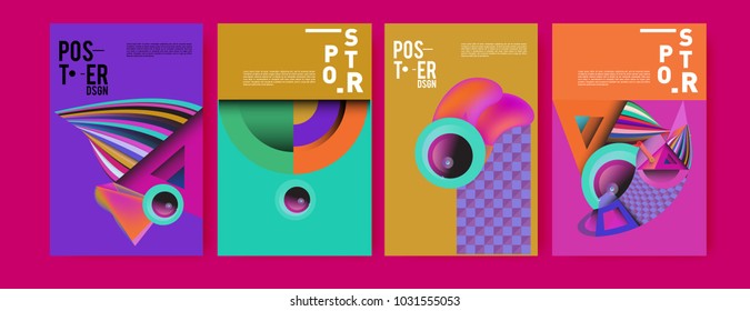 Abstract curvy and geometric colorful background for poster and cover design. Blue, yellow, red, orange, pink and green. Vector banner poster template in Eps10.