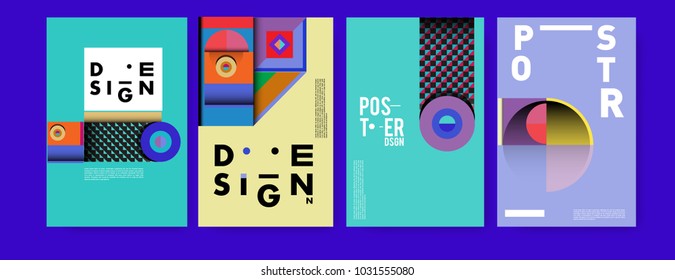 Abstract curvy and geometric colorful background for poster and cover design. Blue, yellow, red, orange, pink and green. Vector banner poster template in Eps10.