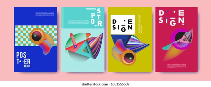 Abstract curvy and geometric colorful background for poster and cover design. Blue, yellow, red, orange, pink and green. Vector banner poster template in Eps10.