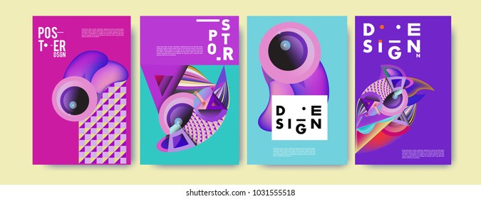 Abstract curvy and geometric colorful background for poster and cover design. Blue, yellow, red, orange, pink and green. Vector banner poster template in Eps10.