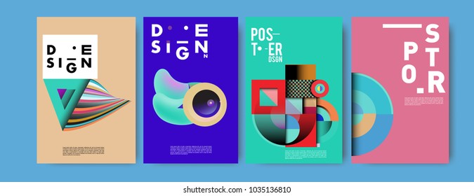 Abstract curvy and geometric colorful background for poster and cover design. Blue, yellow, red, orange, pink and green. Vector banner poster template in Eps10.