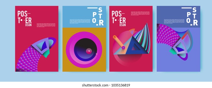 Abstract curvy and geometric colorful background for poster and cover design. Blue, yellow, red, orange, pink and green. Vector banner poster template in Eps10.