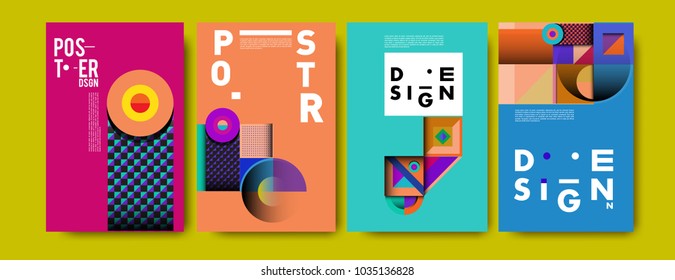 Abstract curvy and geometric colorful background for poster and cover design. Blue, yellow, red, orange, pink and green. Vector banner poster template in Eps10.