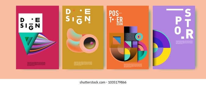 Abstract curvy and geometric colorful background for poster and cover design. Blue, yellow, red, orange, pink and green. Vector banner poster template in Eps10.