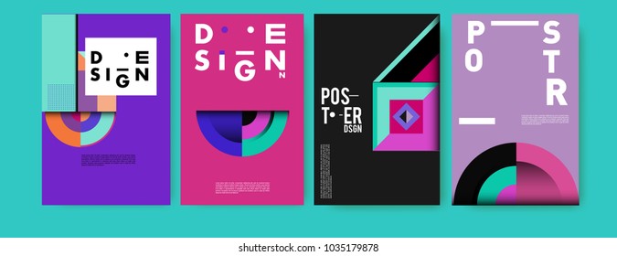 Abstract curvy and geometric colorful background for poster and cover design. Blue, yellow, red, orange, pink and green. Vector banner poster template in Eps10.