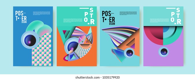Abstract curvy and geometric colorful background for poster and cover design. Blue, yellow, red, orange, pink and green. Vector banner poster template in Eps10.