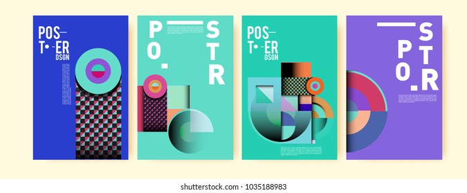 Abstract curvy and geometric colorful background for poster and cover design. Blue, yellow, red, orange, pink and green. Vector banner poster template in Eps10.