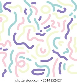 Abstract curvy and irregular shapes. Memphis curvy wave pattern with pastel colored decorative print, background design. Party confetti pattern with soft pastel colors. School kid dash line colored