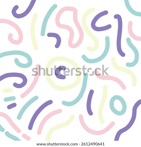 Abstract curvy and irregular shapes. Noodle curvy wave pattern with pastel colored decorative print, background design. Party confetti pattern with soft pastel colors. 