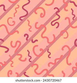 Abstract curvy lines on diagonally striped background vector seamless pattern in peach color palette tones. Creative art texture for printing on different surfaces.