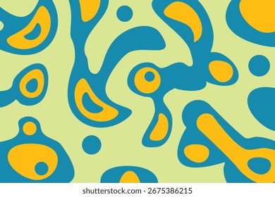 Papel de parede forma curvilínea abstrato com formas coloridas fluidas em azul e amarelo no fundo verde claro. Design orgânico moderno perfeito para arte digital, fundos e gráficos criativos.