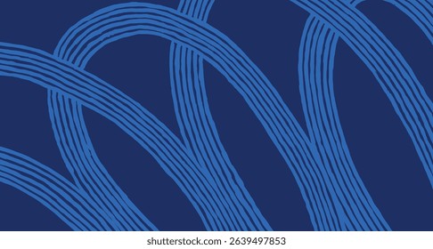 Abstract curvy stripes brush lines pattern in blue, Japanese and ethnic hand drawn, block print texture background, simple graphic for textile, carpet, decoration