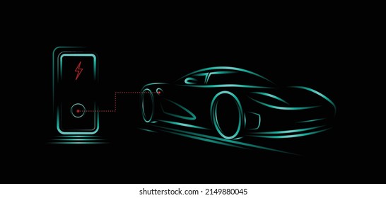 Abstract custom made electric sportcar bright lines silhouette with charge station