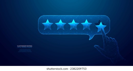 Abstract customer review concept. Five star rating and positive feedback. Human hand showing on five star excellent rating. Low poly wireframe vector illustration on technology blue background.