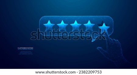 Abstract customer review concept. Five star rating and positive feedback. Human hand showing on five star excellent rating. Low poly wireframe vector illustration on technology blue background.