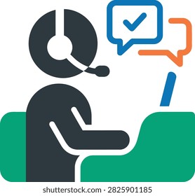 Abstract customer service icon of agent wearing headset at desk with speech bubbles, symbolizing communication and support for business customers online