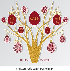 Abstract cut Easter tree with Easter Eggs and sale: 70, 50, 30, 10 procent. Vector illustration.Background for flyer, poster, shopping, for symbol sign, discount, selling, banner, web, header.