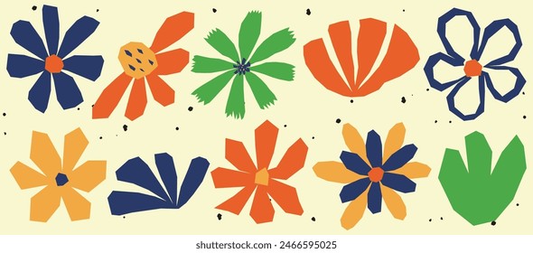 Abstract cut out geometric flower set. Collection contemporary cutout shape paper elements. Bright flowers and leaves in kids collage hand drawn vintage flat style. Isolated vector illustration