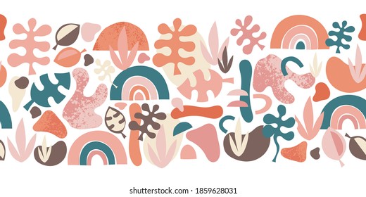 Abstract cut out shapes seamless vector border. Seamless horizontal pattern organic Hand paper cutting matisse style collage illustration. Banner, footer, divider, fabric trim, ribbon, wall decals