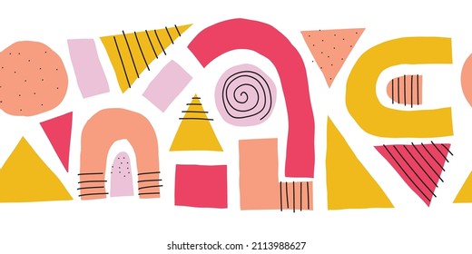 Abstract cut out shapes seamless vector border. Seamless horizontal pattern organic Hand paper cutting matisse style collage illustration. Banner, footer, divider, fabric trim, ribbon, wall decals