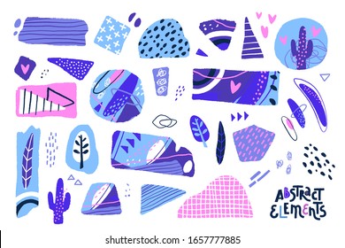Abstract cut out shapes. Textured hand drawn elements for scrapbooking, collage and other creative work. Vector set.