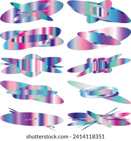 An abstract cut out transparent iridescent oval gradient shape futuristic pattern design element bundle.