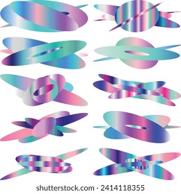An abstract cut out transparent iridescent oval gradient shape futuristic pattern design element bundle.