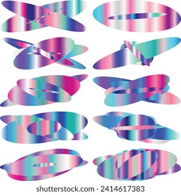 An abstract cut out transparent iridescent oval gradient shape futuristic pattern design element bundle.