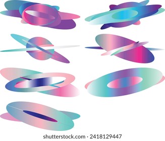An abstract cut out transparent iridescent oval gradient shape futuristic pattern design element bundle.