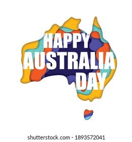 Abstract cut paper background with Australia map shape. Happy Australia Day text for posters, backgrounds and cards