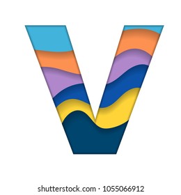 Abstract cut paper letter V silhouette different colors with shadows