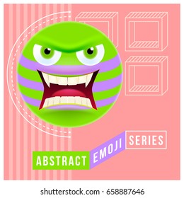 Abstract Cute Angry Emoji with Big Eyes. Abstract Emoji Series. Green Crazy Angry Emoticon Face on Red Background