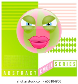 Abstract Cute Angry Female Emoji with Big Eyes. Abstract Emoji Series. Pink Crazy Angry Emoticon Face on Green Background