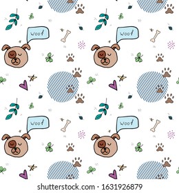 Abstract cute baby print with a dog. Hand-drawn seamless background, pattern. Vector illustration. Creative childish texture. Creative for fabric, textile. doodle art. White background