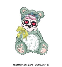 Abstract cute baby teddy bear with skull face, tattoos and piercings. Greeting sweet postcard. Vector. Hand drawn