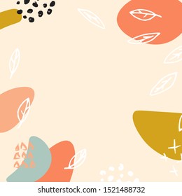 Abstract cute background of doodle shapes, dots and leaves on orange background with blank space in center for text.