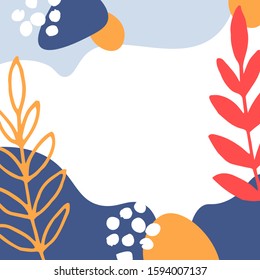 Abstract cute background of leaves, dots and simple shapes with free space in center