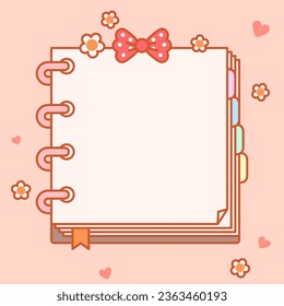 Abstract cute background with notebook and flowers vector illustration. Abstract kawaii background. Decoration banner themed Lol surprise doll girlish style. Invitation card template