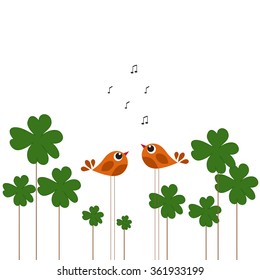 Abstract cute birds with cloves, birthday card - vector illustration. St  Patrick's day