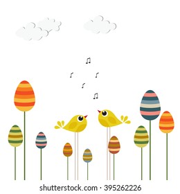 Abstract cute birds with eggs. Spring or Easter theme. Template for card.