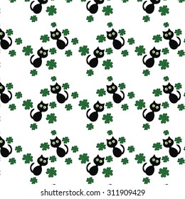 Abstract cute black cat with clovers, pattern background